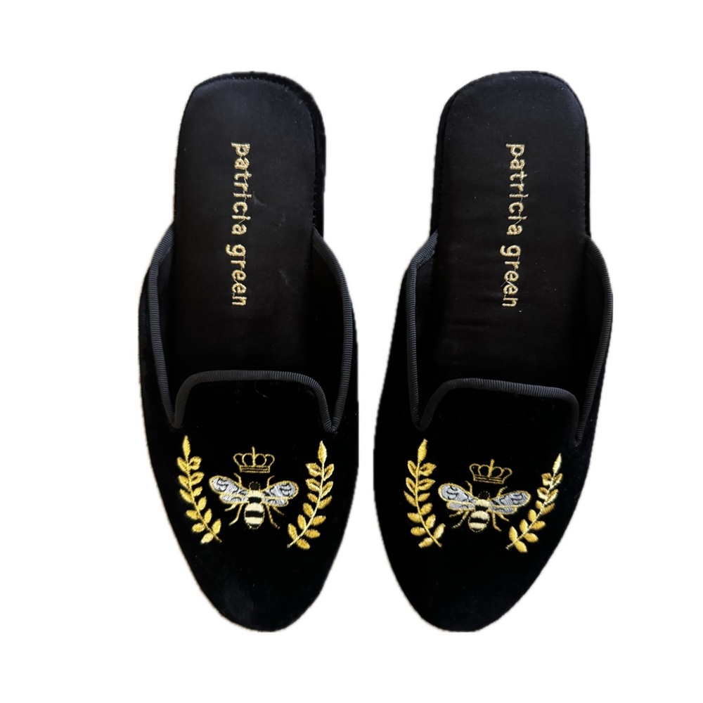 Patricia Green Beatrice Velvet Slippers Bee Embroidery Mule Flats Size 7